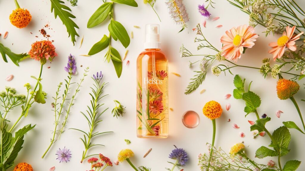 Glowing Herbal Essence shampoo bottle surrounded by lush bright colored herbs and flowers on white background