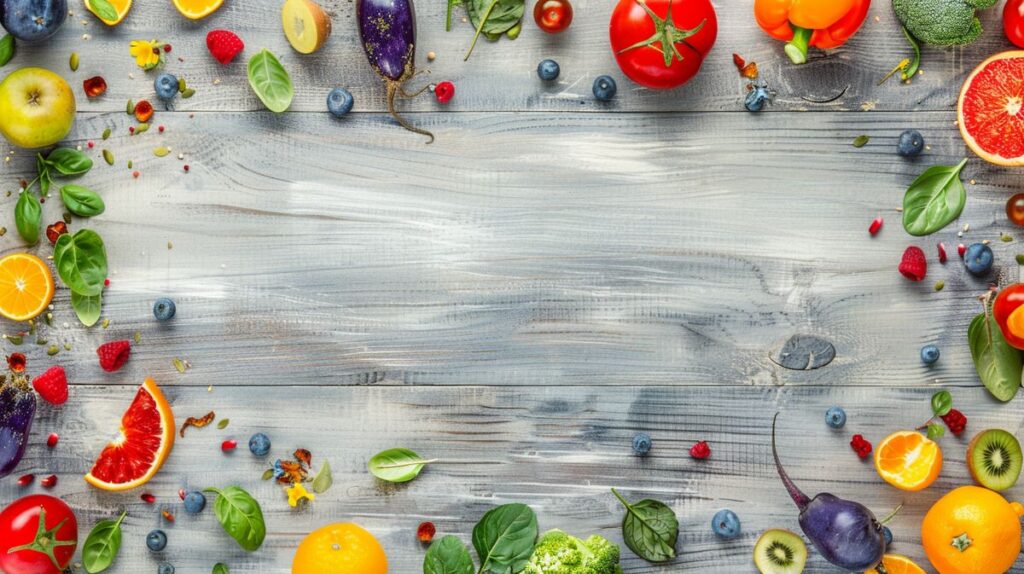 Fresh colorful fruits and vegetables on wooden table indicating healthy non-toxic foods