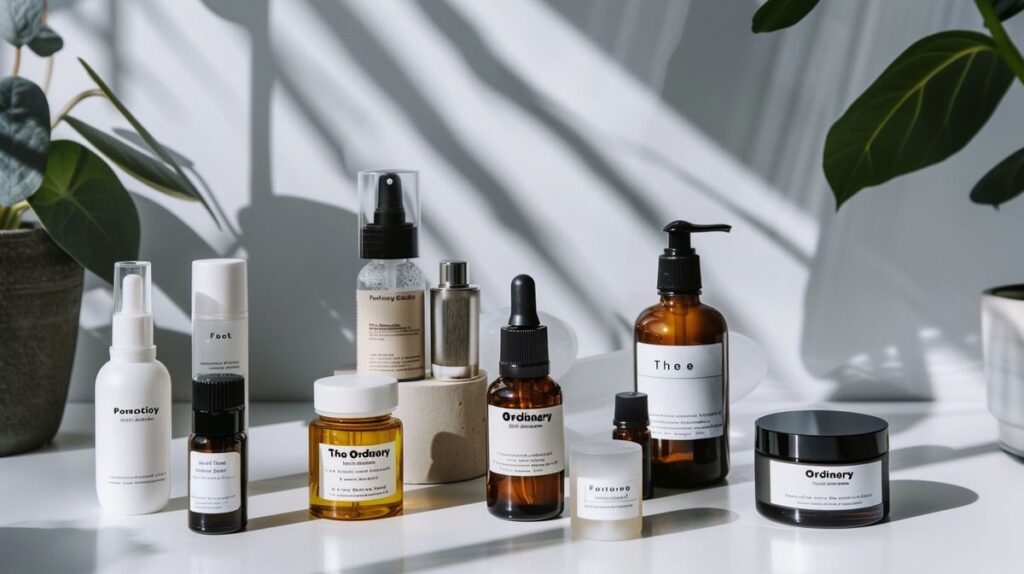 Minimalist skincare products from The Ordinary on a white surface with natural light