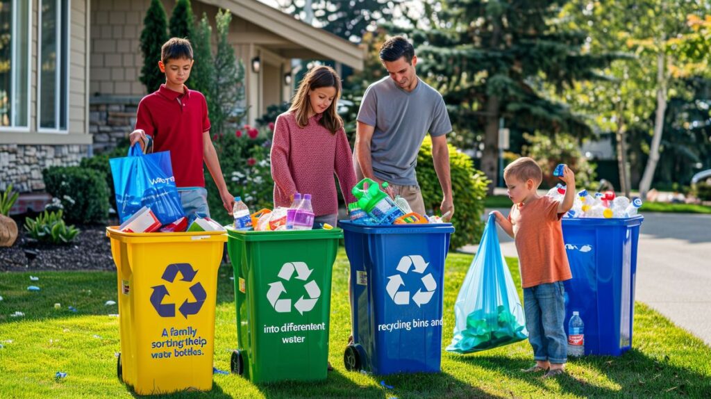 Family demonstrating how to go zero waste by sorting waste into recycling bins and using reusable shopping bags and water bottles.