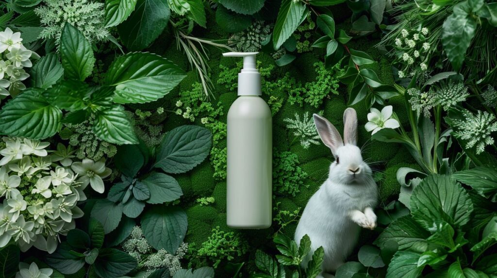 Organic face cleanser bottle with lush green background, soothing herbal plants, and a rabbit hopping nearby