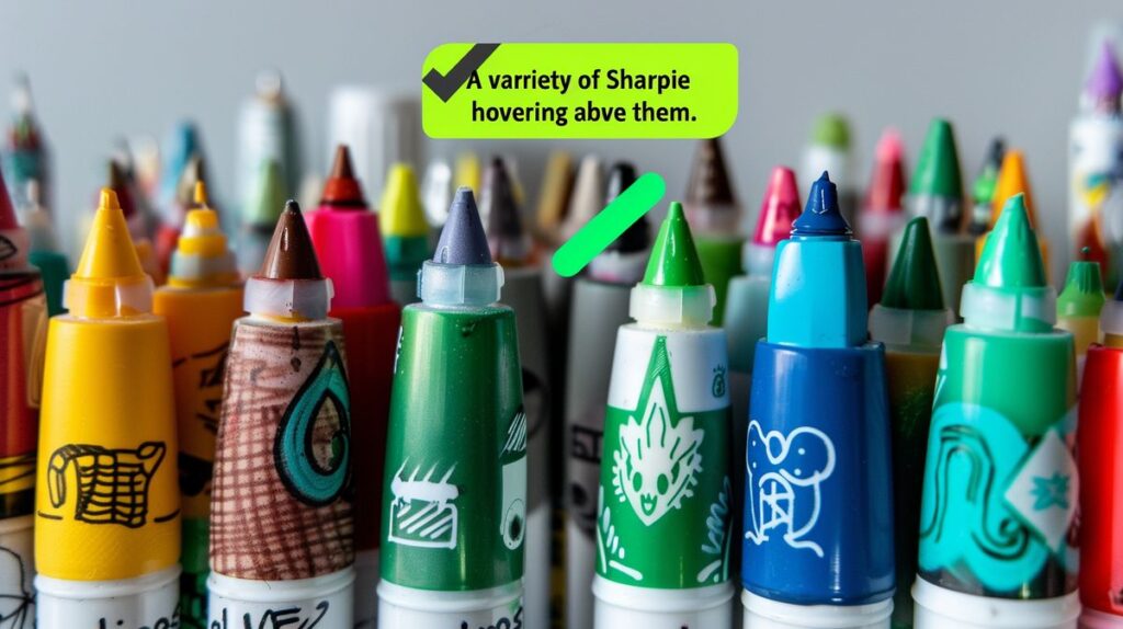 Sharpie markers in various colors with a green checkmark above them