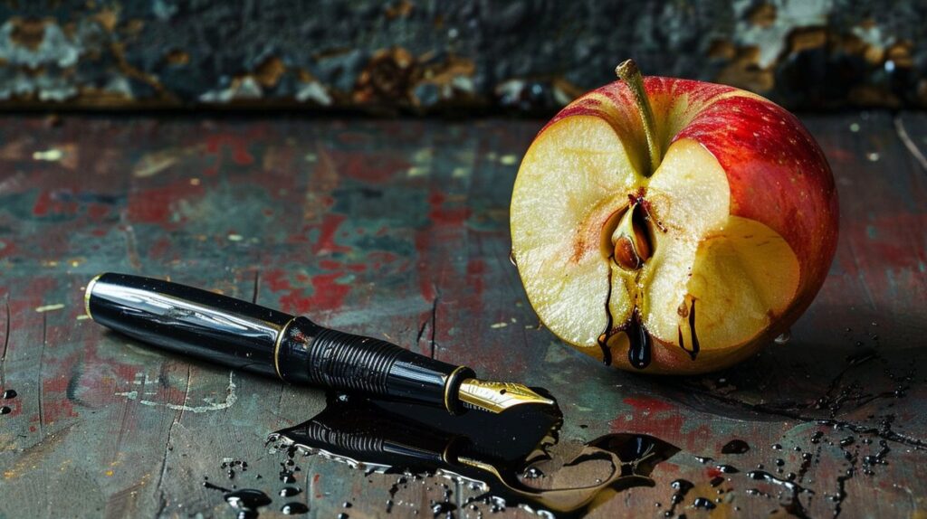 Leaking pen with ink-stained bitten apple