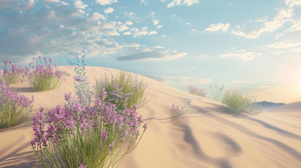 Gentle breeze shaping sand dunes with lavender and eucalyptus herbs, indicating natural ingredients