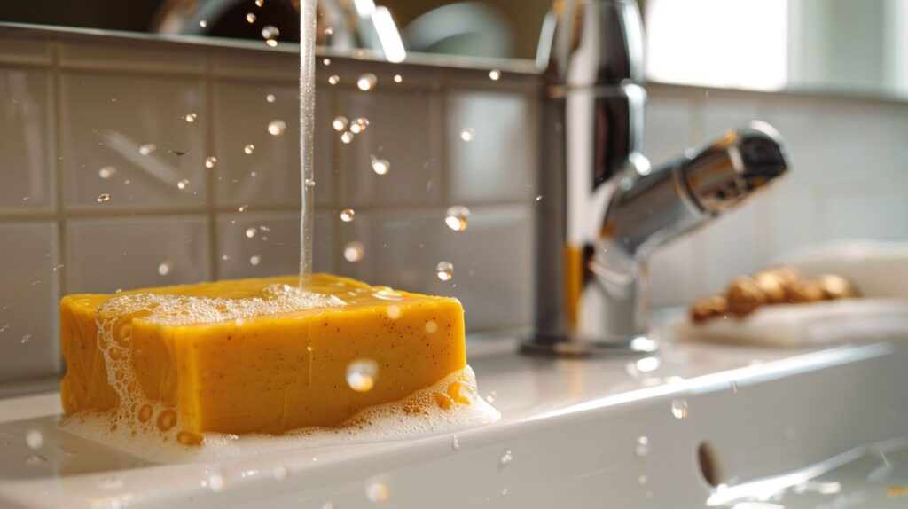 Golden turmeric soap on white sink with mirror reflecting clearer skin and water droplets from faucet