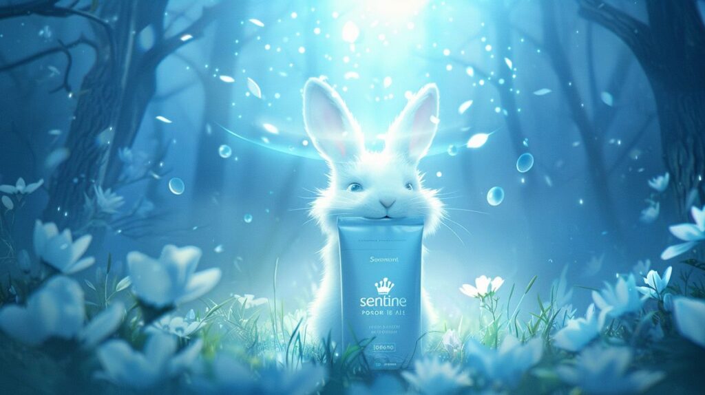 Sensodyne toothpaste with halo of light and happy white rabbit symbolizing cruelty-free products