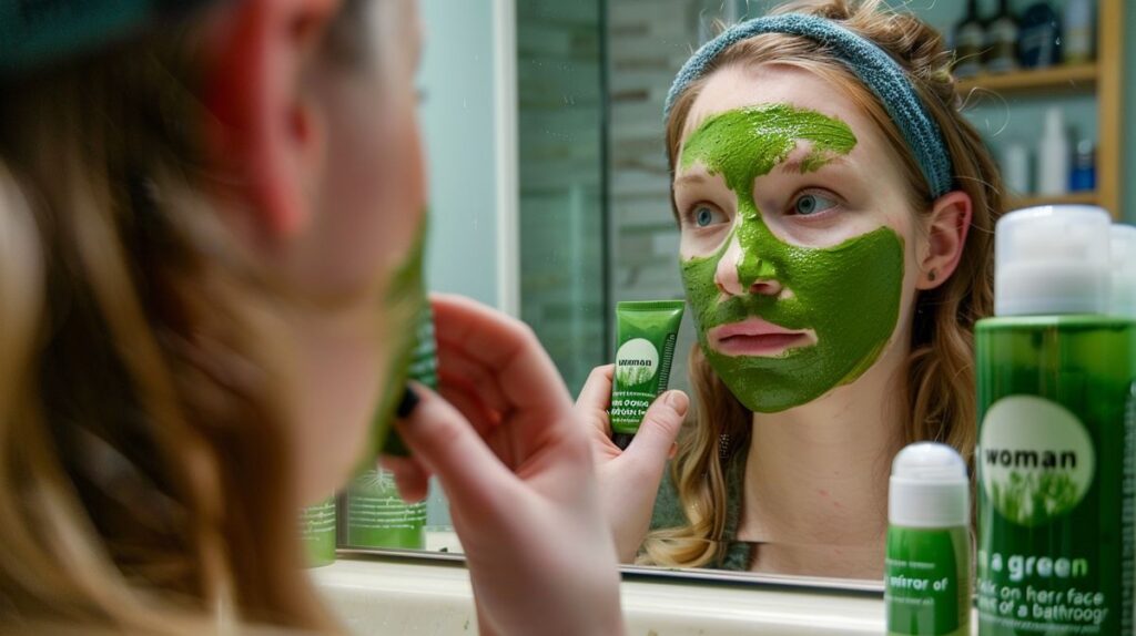 Woman applying green mask stick on face in bathroom mirror.