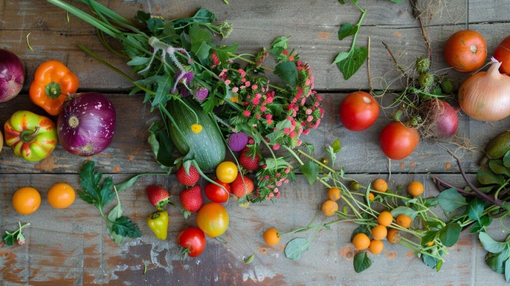 Vibrantly colored fresh fruits and vegetables on a wooden table, healthy and non-toxic foods