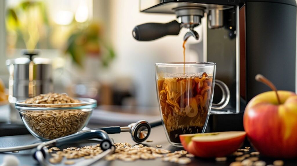 Keurig coffee maker pouring coffee into clear mug with apples, oats, and stethoscope on table, illustrating the question is Keurig coffee healthy.