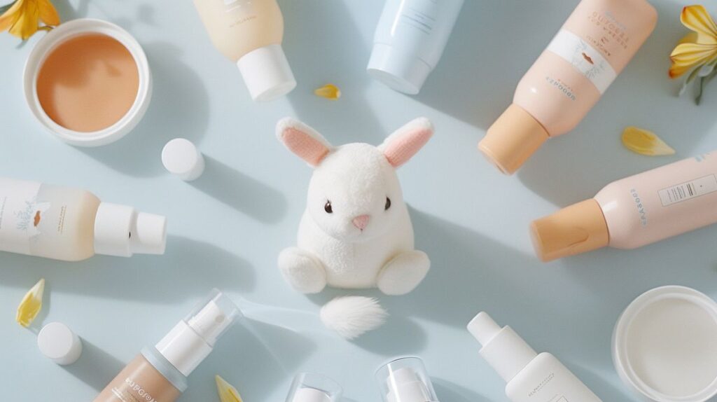 Supergoop sunscreen products in a semi-circle with a happy bunny in the center, representing cruelty-free skincare products