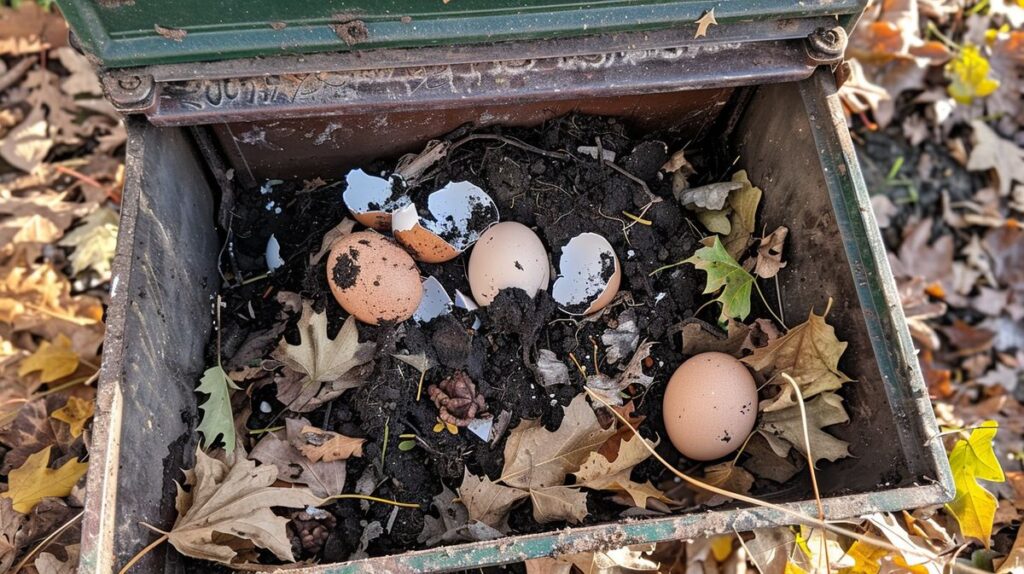 A garden compost bin outdoors with kitchen scraps, fallen leaves, soil, and crumpled egg cartons on top, answering the question can egg cartons be composted.