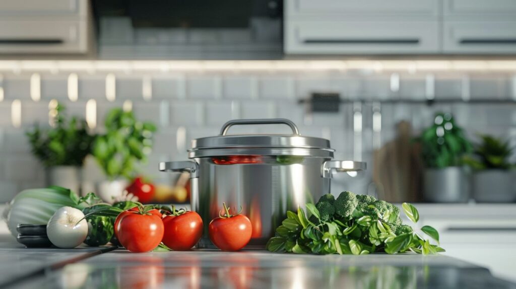 Carote cookware non toxic set on kitchen counter with fresh organic vegetables