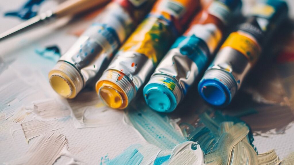 Colorful non-toxic acrylic paint tubes arranged on white canvas with a paintbrush nearby