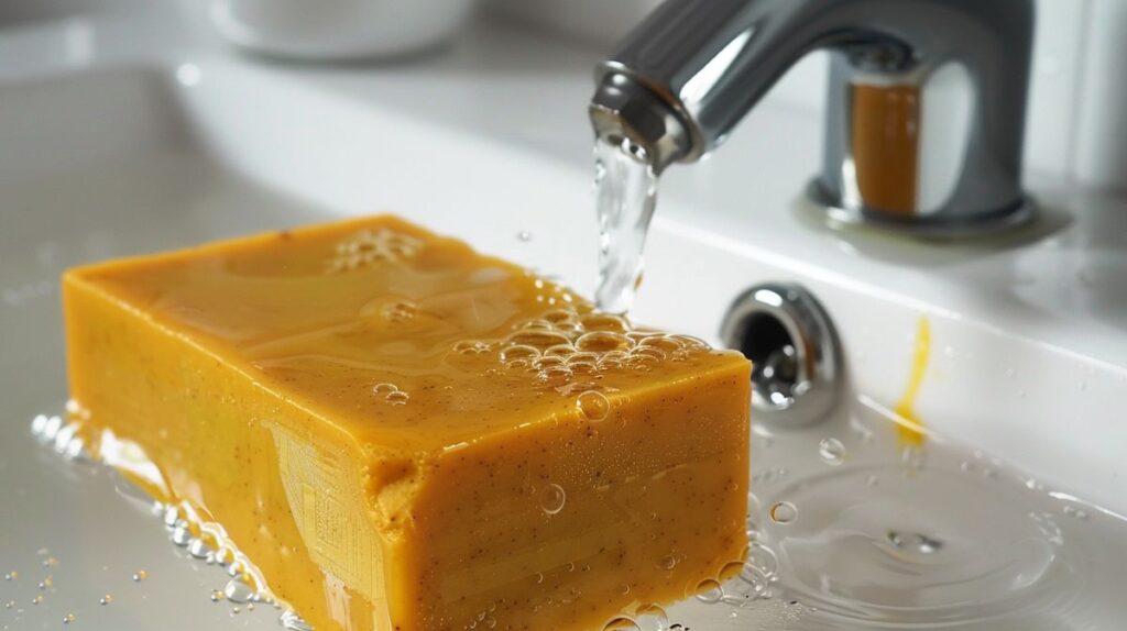 Golden turmeric soap on white sink with mirror reflecting face with clearing dark spots, water droplets from faucet.