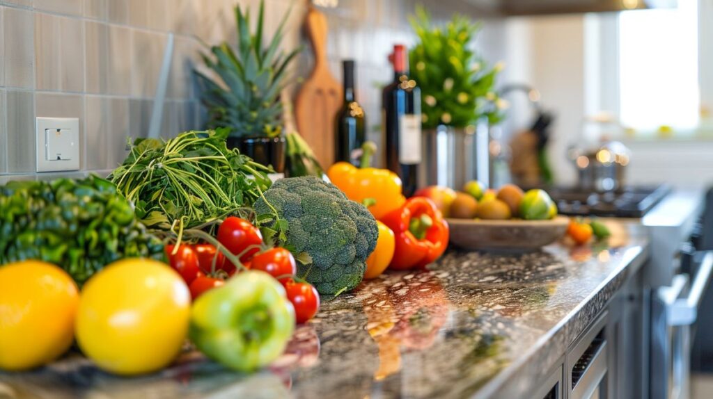 Fresh, colorful fruits and vegetables on a clean kitchen countertop promoting a non toxic diet