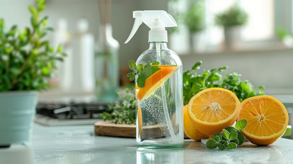 Clear glass spray bottle filled with colorful citrus and herbs, labeled as the best non toxic room spray, on a clean countertop with a bright indoor plant beside it.