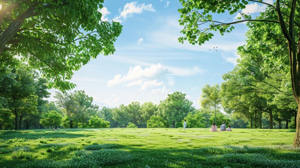 Family picnic in a vibrant green field with lush grass and trees under a clear sky, promoting a clean and non-toxic environment