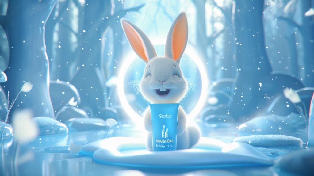 Sensodyne toothpaste with halo of light and happy white rabbit, symbolizing cruelty-free products