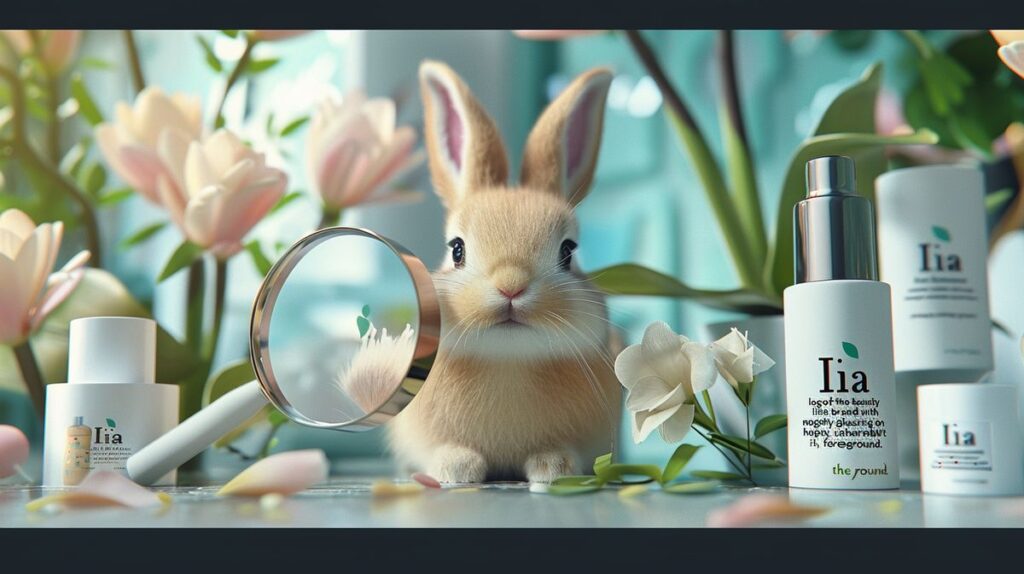 Ilia beauty brand logo with magnifying glass and happy rabbit in foreground