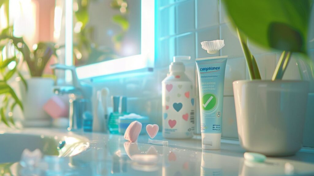 Crest toothpaste on bathroom counter with hearts and safety tick symbol