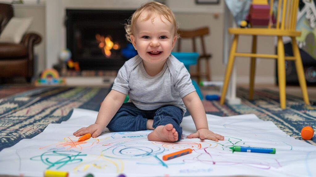 Happy one-year-old toddler scribbling with non-toxic crayons on a large sheet of paper on the floor