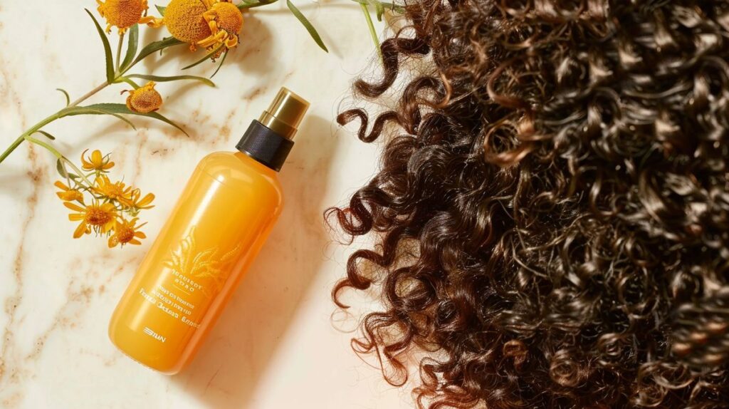 Native shampoo bottle next to healthy radiant curly hair