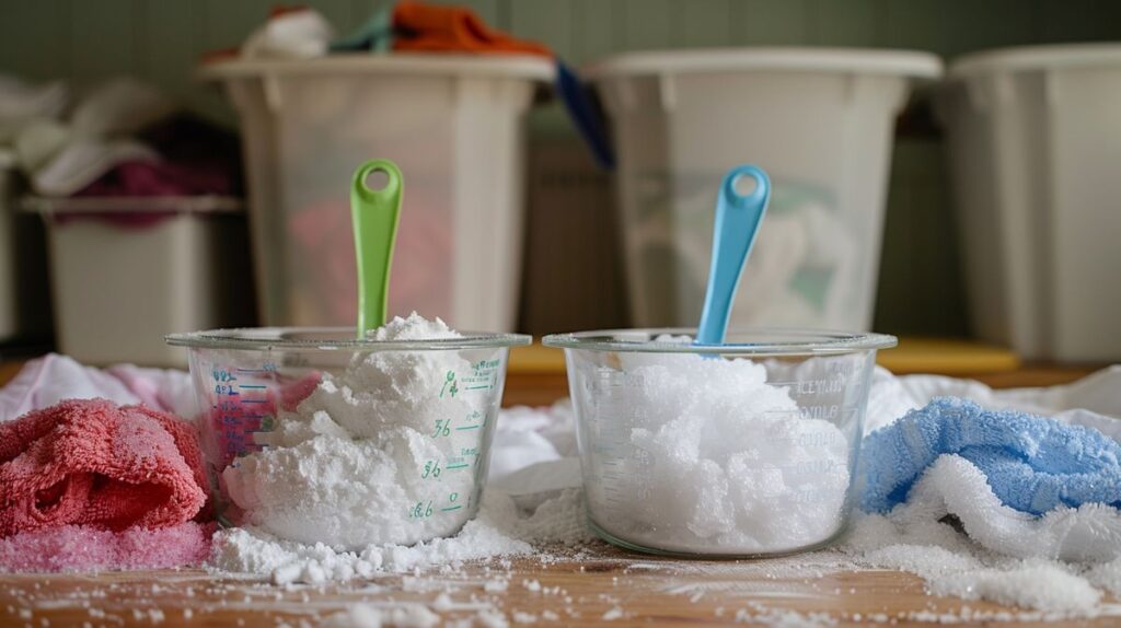 Two piles of laundry on a wooden table with a measuring cup of Nellie's laundry soda on the left and a measuring cup of Molly's Suds on the right.