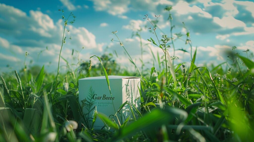 Earth Breeze eco laundry detergent box in green grass field under clear blue sky