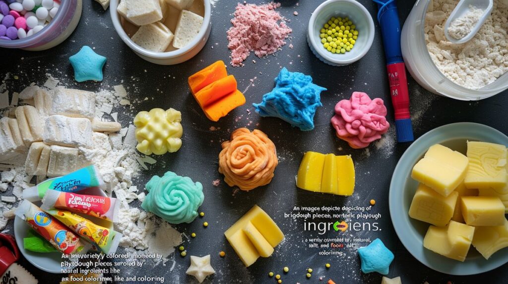 Brightly colored non-toxic playdough pieces with natural ingredients like flour, salt, and food coloring, illustrating how to make non-toxic playdough.