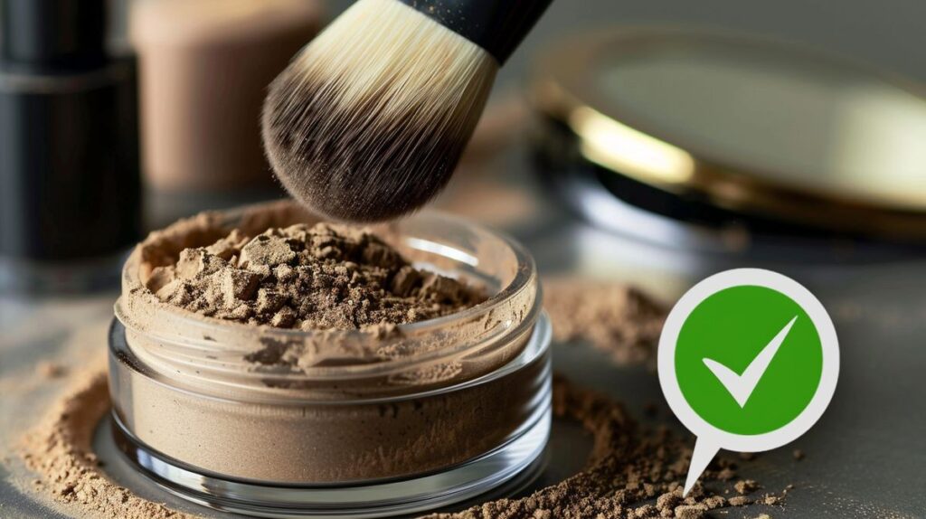 Makeup brush dipping into Bare Minerals powder with a green checkmark symbol indicating non-toxic property