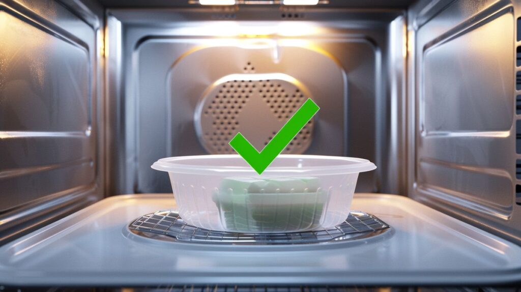 Silicone bowl in open microwave with green check mark showing silicone microwave safe