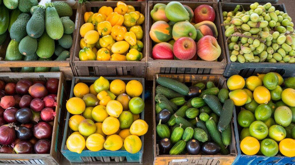 A variety of vibrant, fresh non toxic foods including fruits and vegetables displayed neatly on a wooden table.