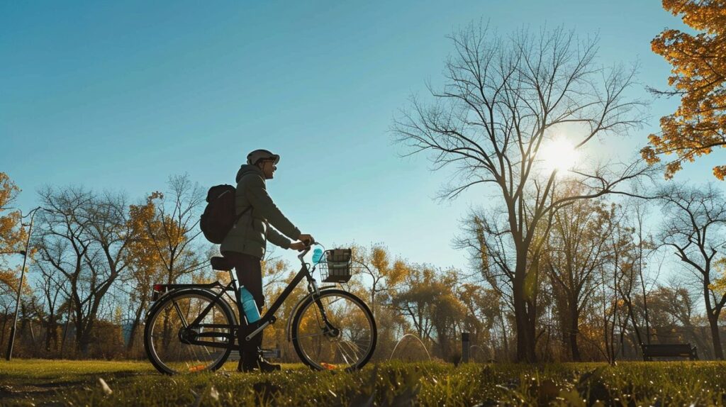 Person happily choosing a bicycle over a car, with a half full reusable water bottle in a bike basket, near a row of trees under clear skies, illustrating how to consume less.