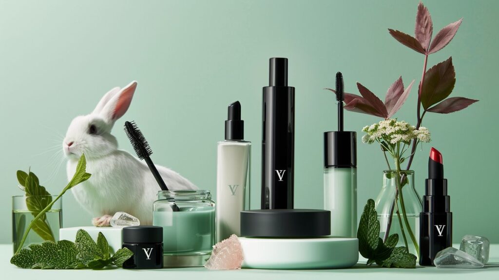 No 7 beauty products including skin cream, lipstick, and mascara with natural ingredients backdrop, cruelty-free symbols like rabbit and leaf.