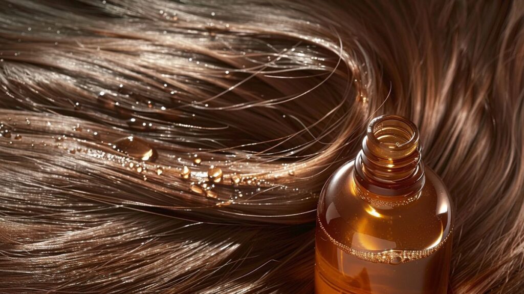 Native shampoo bottle surrounded by shiny, vibrant hair strands showcasing quality