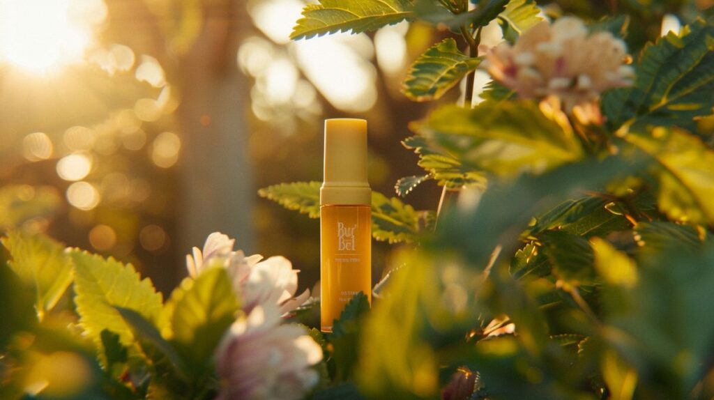 Close-up of Burt's Bees lip balm tube with fresh flowers and leaves in the background, highlighting natural ingredients and positive review.