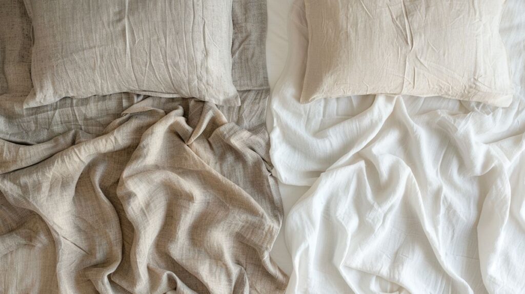 Linen vs bamboo sheets comparison showing linen and bamboo fiber bed sheets side by side.