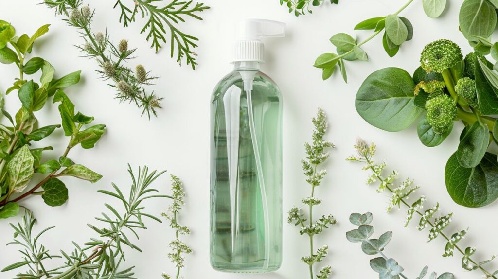 Clear glass spray bottle with light green liquid surrounded by fresh green plants on a bright white background