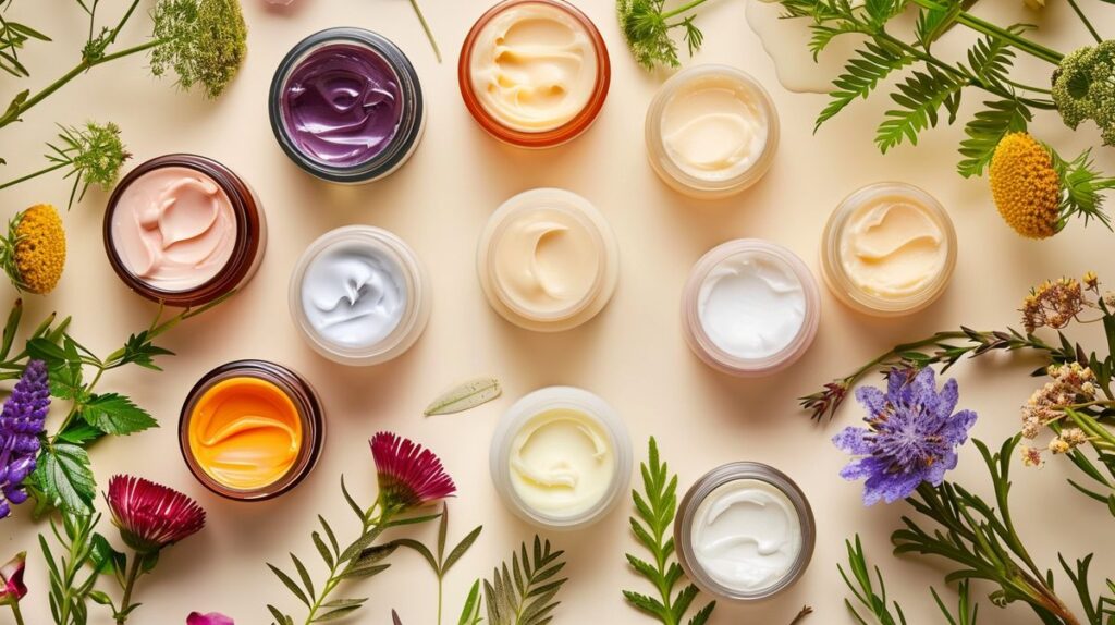 L'Occitane cruelty free skincare products arranged in a semicircle with a natural background of leaves and flowers, symbolizing respect and care for animal welfare.