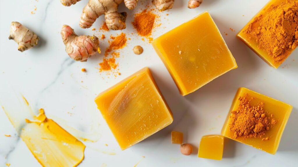 Handful of turmeric soaps on white background with one highlighted; before and after image showing reduction in dark spots; best turmeric soap for dark spots.