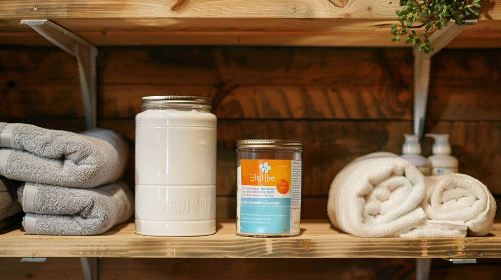 Eco-friendly laundry products: Nellie's laundry soda canister and Molly's suds package on a laundry room shelf.