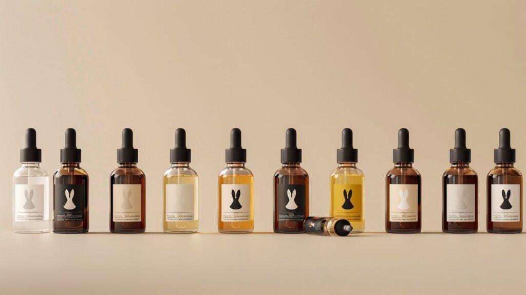 Lineup of The Ordinary cruelty free skincare products with rabbit symbol on neutral background