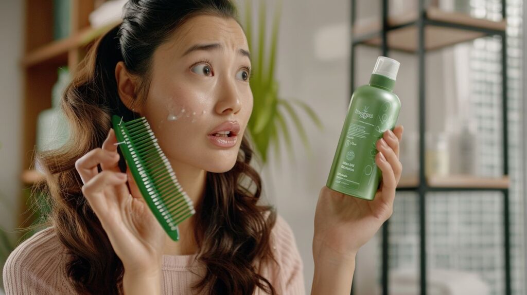 Woman examining Herbal Essences shampoo with doubtful expression, hair strands on comb visible