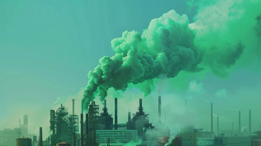 Large industrial factory emitting thick, bright green Pura toxic smoke into a clear, blue sky.