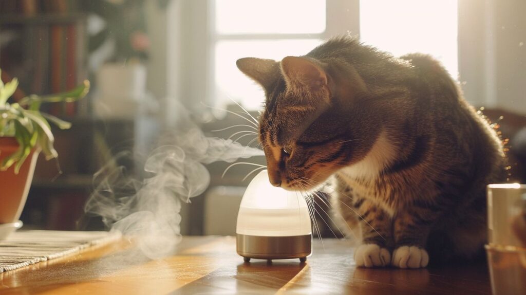 Curious cat sniffing Air Wick air freshener on table, safe and relaxed atmosphere