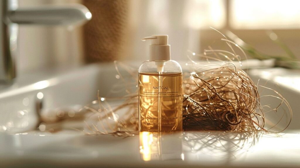 Bottle of Native shampoo on sink edge with scattered hair strands