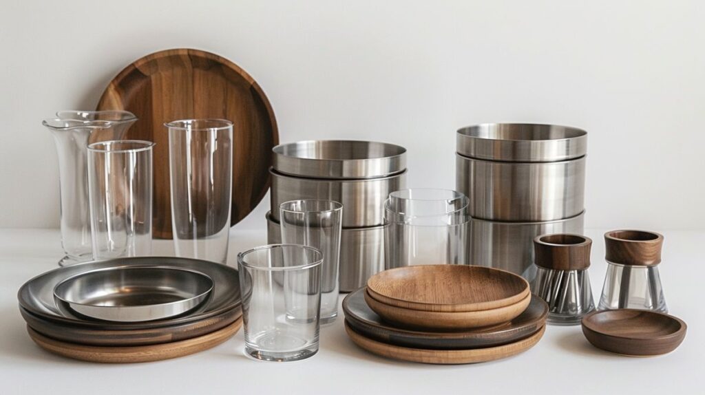 Eco-friendly non-toxic dinnerware sets made of glass, bamboo, and stainless steel arranged elegantly