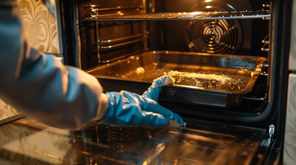 Hands wearing eco-friendly gloves using non-toxic cleaning product to wipe dirty oven interior, demonstrating how to clean oven non toxic.