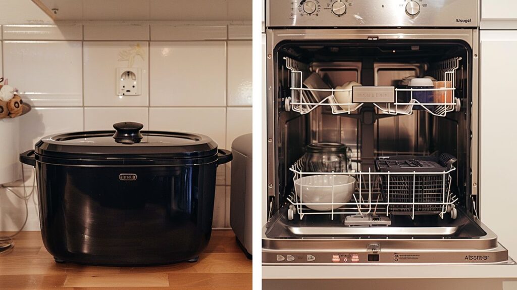 Crock pot and dishwasher side by side demonstrating if a crock pot is dishwasher safe