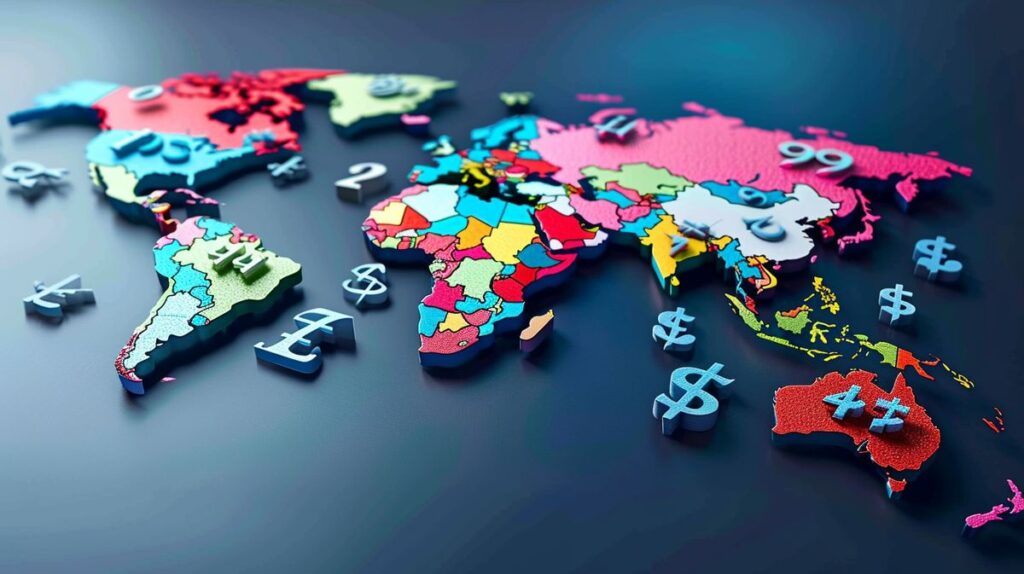 Global map with floating currency symbols (dollar, euro, yen, pound) over respective countries, illustrating worldwide economic structure and eco meaning in manufacturing.